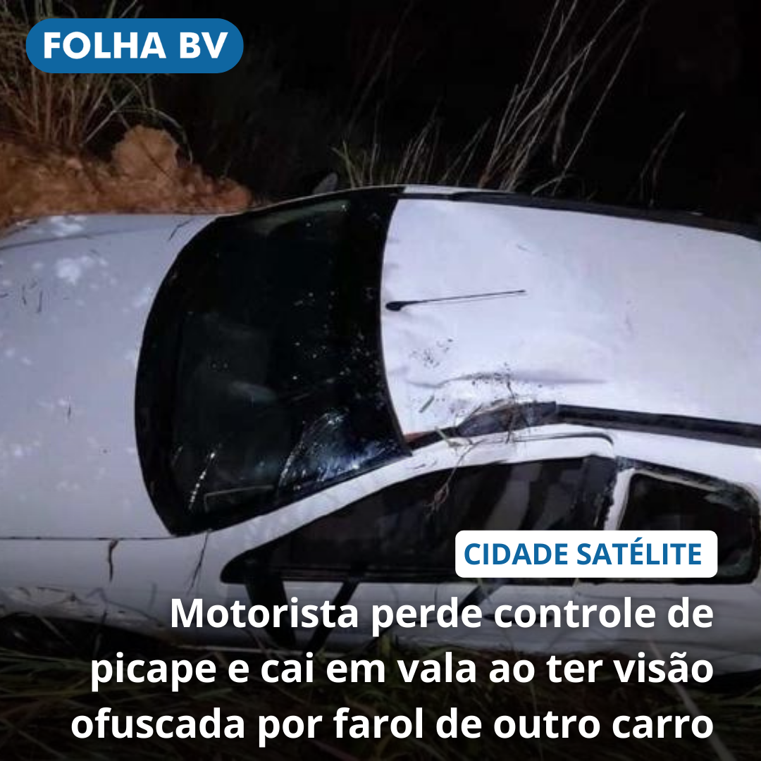Motorista perde controle de picape e cai em vala ao ter visão ofuscada por farol de outro carro