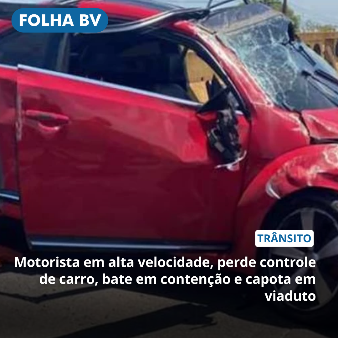 Motorista em alta velocidade, perde controle de carro, bate em contenção e capota em viaduto