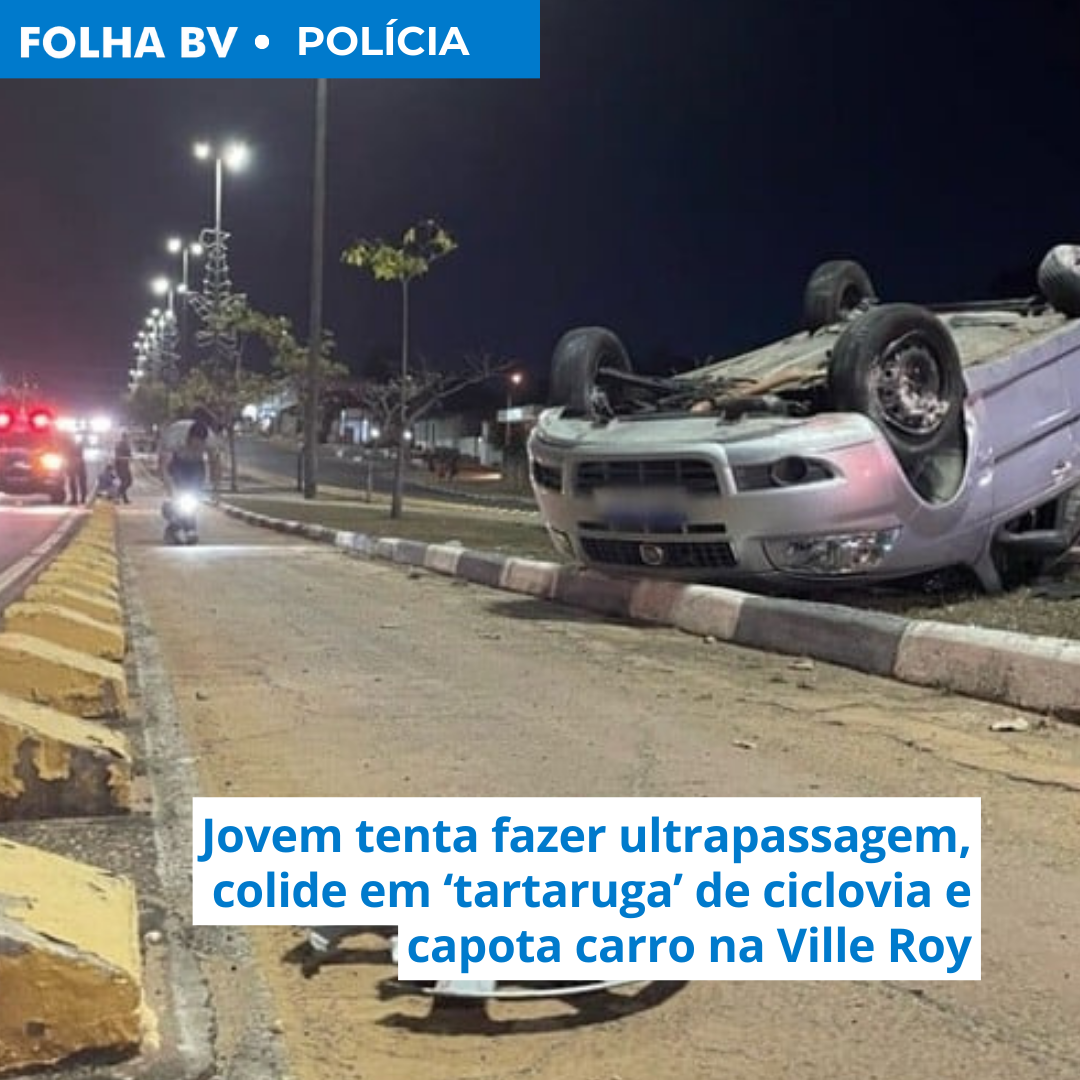 Jovem tenta fazer ultrapassagem, colide em ‘tartaruga’ de ciclovia e capota carro na Ville Roy