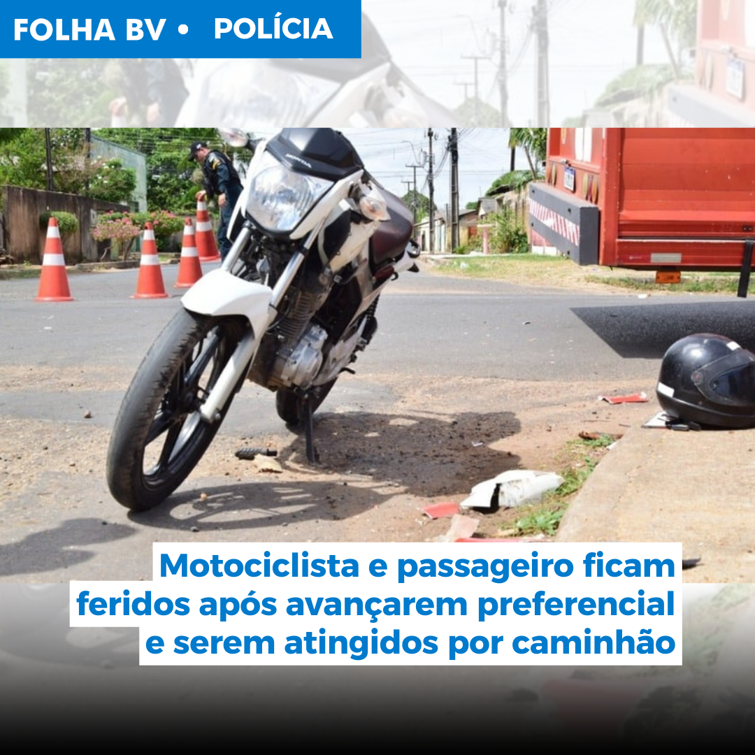 Motociclista e passageiro ficam feridos após avançarem preferencial e serem atingidos por caminhão