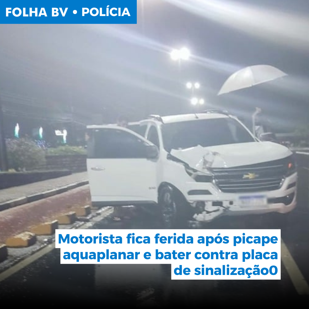 Motorista fica ferida após picape aquaplanar e bater contra placa de sinalização